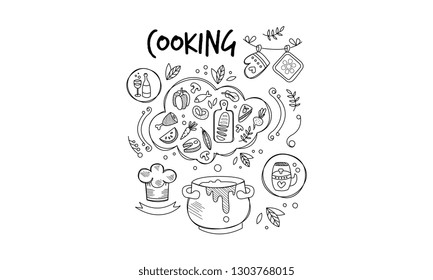 Sketch of ingredients and tools for food preparation. Dinner cooking. Culinary theme. Hand drawn vector icons