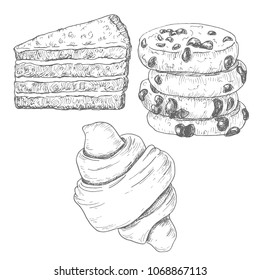 Sketch ink graphic bakery, cookies, cake and croissant illustration, draft silhouette drawing, black on white background. Delicious vintage etching food design.