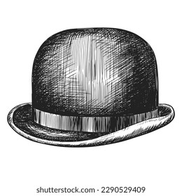Sketch ink graphic bowler, round hat illustration, draft silhouette drawing, black on white line art. Gentleman vintage etching design
