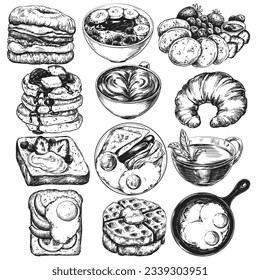 Dibujo gráfico de la tinta de boceto de la ilustración del conjunto del desayuno, dibujo de la silueta borrador, arte de línea blanca y negra. Delicioso diseño de la comida vintage.