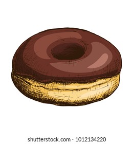 Sketch ink graphic chocolate donut illustration, draft silhouette drawing, colorful etching on white background. Delicious vintage food design.