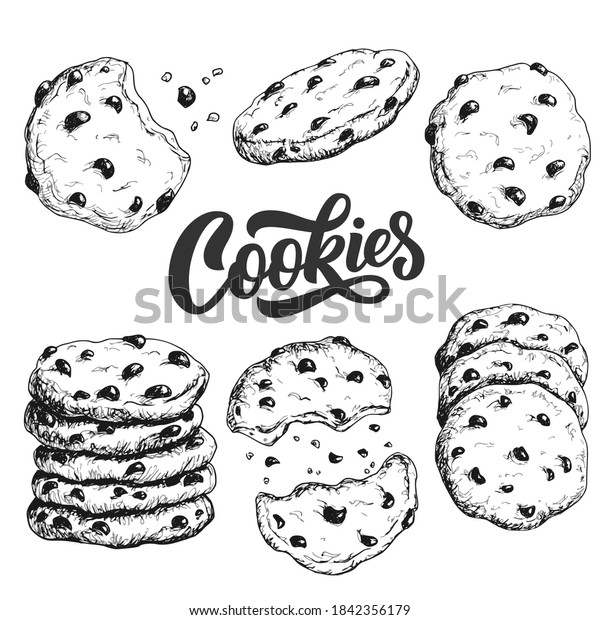 Sketch ink graphic cookies set illustration,\
draft silhouette drawing, black on white line art. Delicious\
vintage etching food\
design.