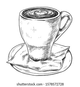 Sketch ink graphic cup of coffee illustration, draft silhouette drawing, black on white line art. Delicious vintage etching food design.