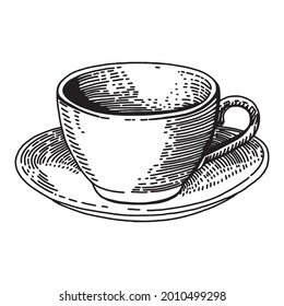 Sketch ink graphic cup of coffee illustration, draft silhouette drawing, black on white vector illustration. Delicious vintage etching food design