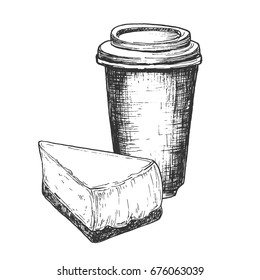 Sketch ink graphic cup of coffee with cheesecake illustration, draft silhouette drawing, black on white background. Delicious vintage etching food design