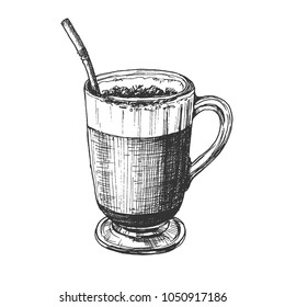 Sketch ink graphic glass latte irish coffee drink with straw illustration, vector draft silhouette drawing, black on white background. Delicious vintage etching food design.