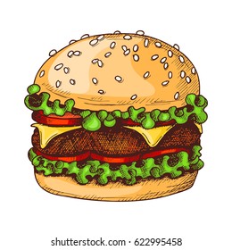 Sketch ink graphic hamburger illustration, colorful draft silhouette drawing, isolated on white background. Delicious vintage food design.