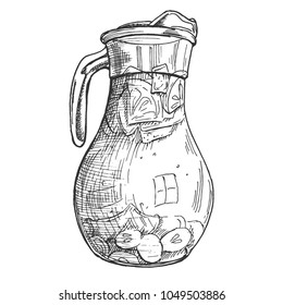 Sketch ink graphic ice drink lemonade in a jar illustration, vector hatching draft silhouette drawing, black on white background. Delicious vintage etching food design.