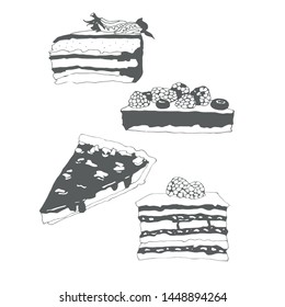 sketch ink graphic illustration set of cakes, black on white line art. Delicious pieces of cake with chocolate, cream, strawberries, blackberries and jam. 