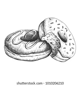 Sketch ink graphic two donuts illustration, draft silhouette drawing, black on white background. Delicious vintage etching food design.