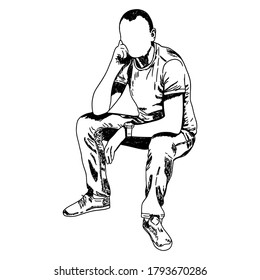 Sketch. Ink. Hand drawing. The guy is sitting. Isolated object.