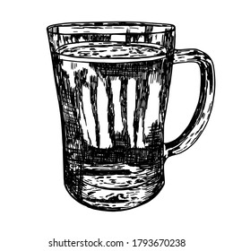 Sketch. Ink. Hand drawing. Mug of beer. Isolated object.