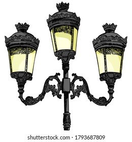 Sketch. Ink. Hand drawing. Vintage street lamp. Isolated object.