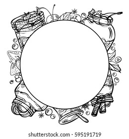 Sketch ink hand drawn doodle Frame of a yogurt with fruits, strawberry, chocolate, cherry.Graphic yogurt pot isolated on white background. Fruit Parfait Doodle border