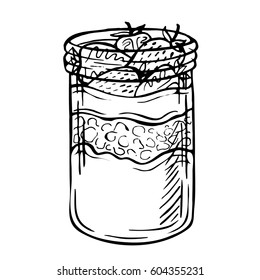 Sketch ink hand drawn doodle illustration of a yogurt with strawberry.Graphic yogurt pot isolated on white background. Fruit Parfait Doodle
