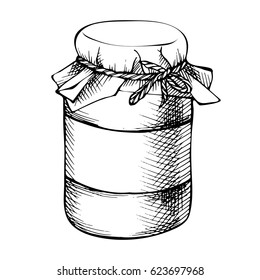 Sketch Ink hand drawn mason jar, bottle. Vintage decorative glass canning jar isolated on white.