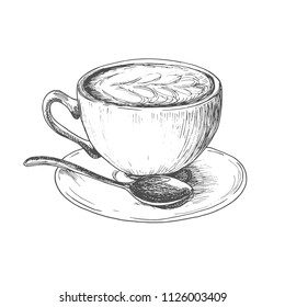 Sketch ink hatching cup of cappuccino coffee illustration, draft silhouette drawing, black on white background. Delicious vintage etching food design.