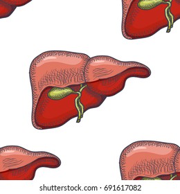 Sketch Ink Human liver, hand drawn seamless Pattern Background, Engraved Anatomical illustration. Vector illustration