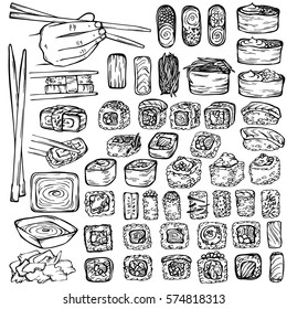 Sketch ink Illustration seafood, sushi, rolls. Graphic design of the menu bars, restaurants, invitations, announcements.Hand drawn Sushi and rolls. Fresh fish and rice. Soy sauce, sticks. 