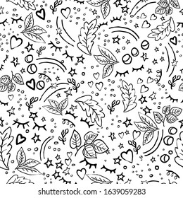 Sketch ink lettering seamless pattern Decorated closed eyes, stars, leaves in vector design on white background