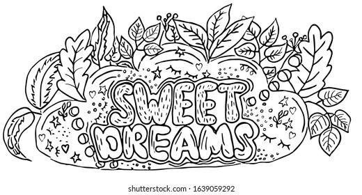 Sketch ink lettering sweet dreams. Decorated stars, leaves in vector design on white background