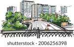 A sketch of the inner city highway - view by a pedestrian from the bridge