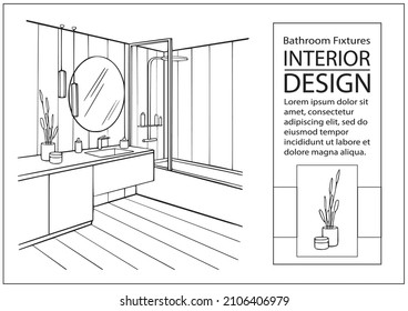 Sketch interior bathroom with closet. Line drawing modern design home interior. Vector illustration washbasin, bath, mirror, tiles, lighting.