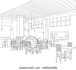 sketch of the interior of the cafe and people at the tables
