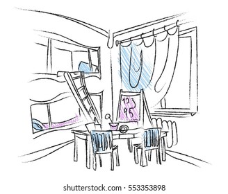 Sketch of interior children's room
