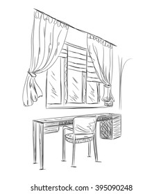 Sketch interior comfortable workplace. Room interior with table and chair