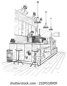 Sketch, Interior Design coffee and drink shop with barista on white blackground,illustration