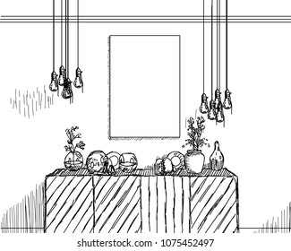 Sketch interior design comfortable workplace. Hand drawn vector illustration