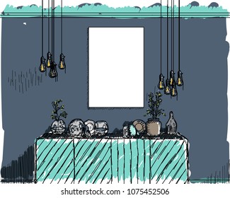 Sketch interior design comfortable workplace. Hand drawn vector illustration