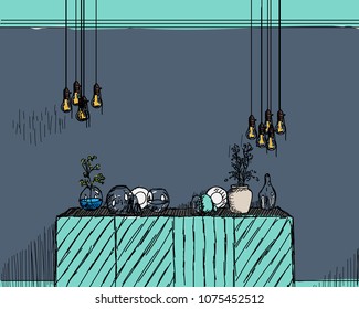Sketch interior design comfortable workplace. Hand drawn vector illustration