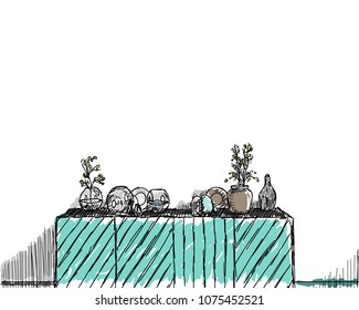 Sketch interior design comfortable workplace. Hand drawn vector illustration