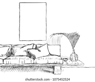 Sketch interior design comfortable workplace. Hand drawn vector illustration