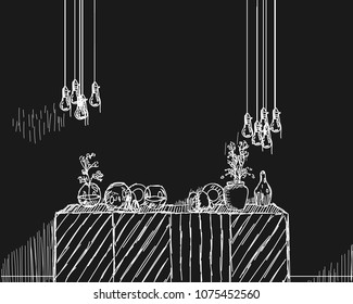Sketch interior design comfortable workplace. Hand drawn vector illustration