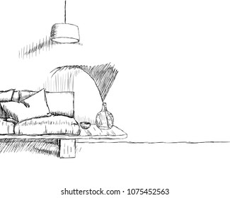 Sketch interior design comfortable workplace. Hand drawn vector illustration