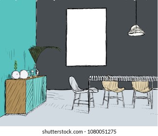Sketch interior design comfortable workplace. Hand drawn vector illustration