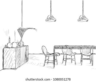 Sketch interior design comfortable workplace. Hand drawn vector illustration