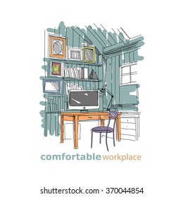 Sketch interior design comfortable workplace. Hand drawn vector illustration