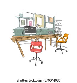 Sketch interior design comfortable workplace. Hand drawn vector illustration