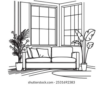 Sketch interior. Doodle living room with sofa, cushions and picture frames on wall. Furniture sofa in room, apartment drawing illustration