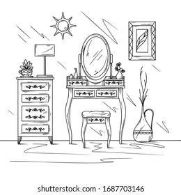 Esbozo interior, tocador y otros muebles. Ilustración vectorial en estilo de esbozo.