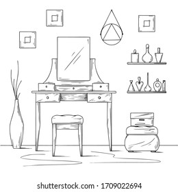 Sketch interior. Dressing table and other furniture. Vector illustration in sketch style.