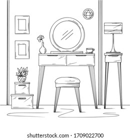 Sketch interior. Dressing table and other furniture. Vector illustration in sketch style.
