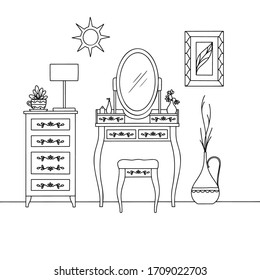 Esbozo interior, tocador y otros muebles. Ilustración vectorial en estilo de esbozo.