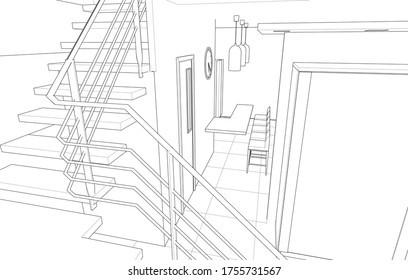 
sketch of interior hall stair 3d illustration