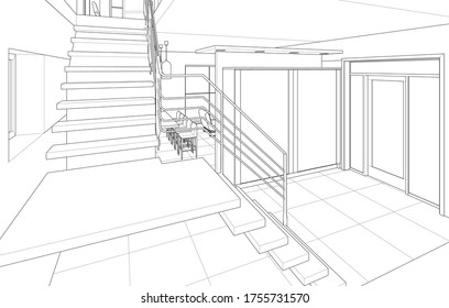 
sketch of interior hall stair 3d illustration