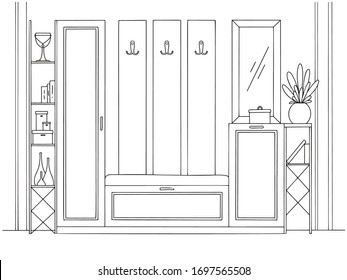 Sketch interior. Hallway furniture, various decorations and other elements. Vector illustration in sketch style.